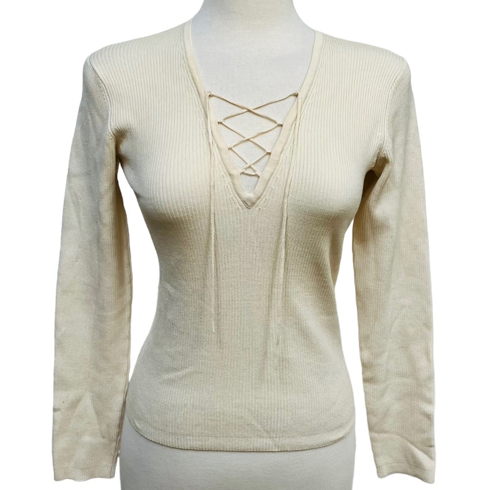 Y2K Banana Republic Cream Tie Front V Neck Stretch Sweater Women’s Small